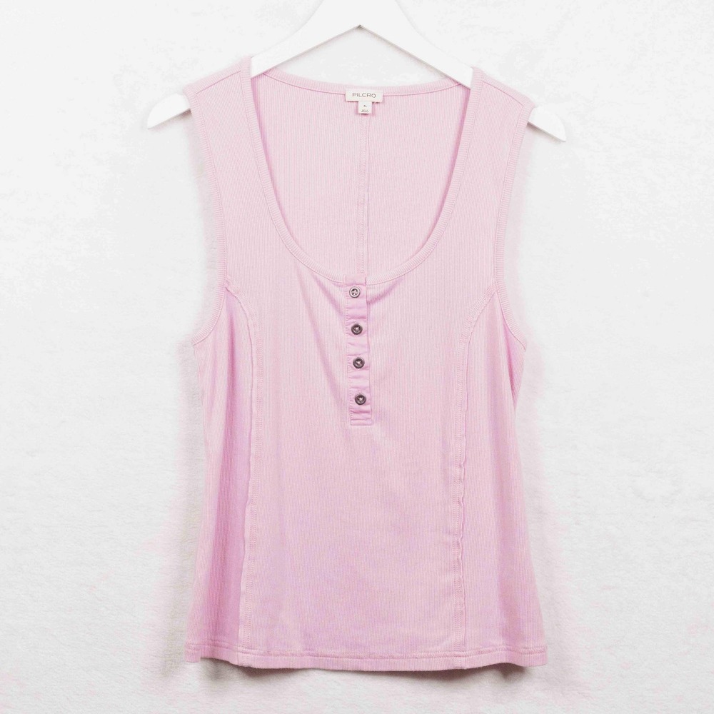 PILCRO Andie Ribbed Henley Sleeveless Tank Top Pastel Pink Sz XL